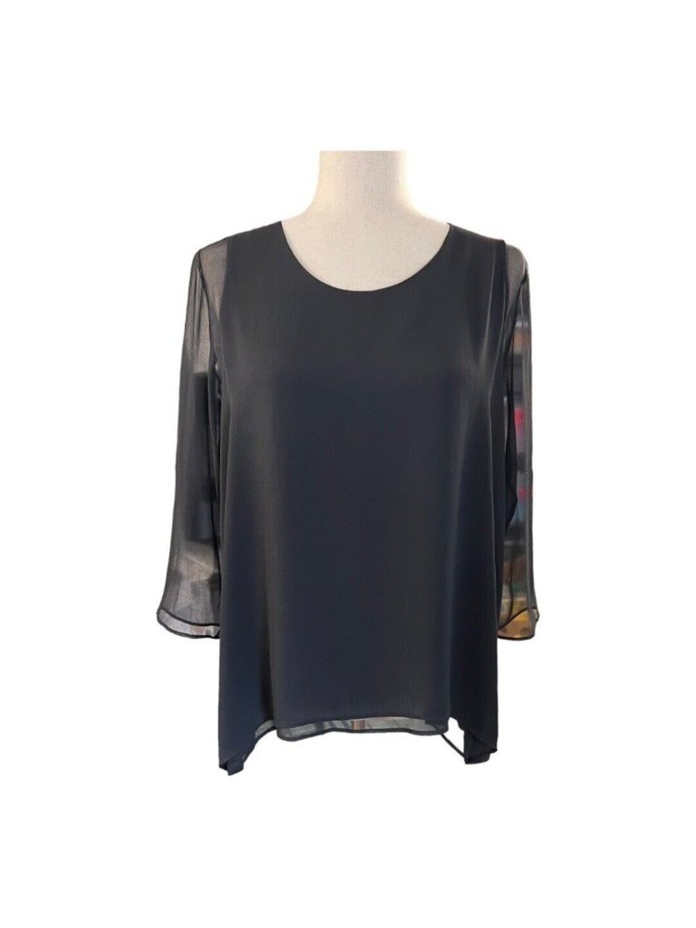 Lola & Sophie Womens Sheer Sleeve Blouse~Size M~Black Tunic Silk Top~L12 22